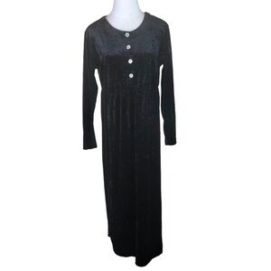 Vintage 90s Y2K Black Crushed Velvet Dress Maxi Jewel Button Whimsy Goth Medium